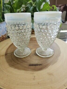 2PC Vintage Anchor Hocking Hobnail  Opalescent Vaseline Glass Water Goblets